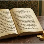 Foto makro manuskrip Arab kuno berjudul 'Asna al-Matalib' tentang hukum dasar zakat, dengan koin emas, kurma, dan gandum di meja kayu dengan latar belakang motif arabesque.