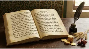 Home 3 Foto makro manuskrip Arab kuno berjudul 'Asna al-Matalib' tentang hukum dasar zakat, dengan koin emas, kurma, dan gandum di meja kayu dengan latar belakang motif arabesque.