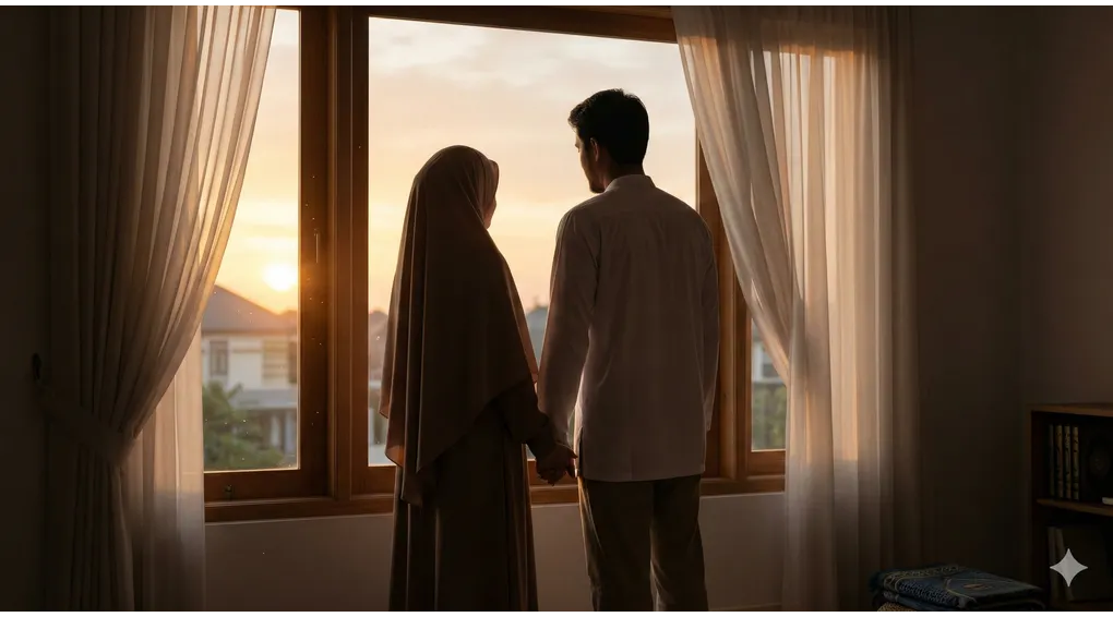 The Ruling on Ghusl After Using a Condom According to Shafi'i Fiqh 3 A respectful silhouette of a married Muslim couple standing together looking out a window at a peaceful warm sunrise, the wife in proper hijab, conveying peace and obedience.