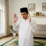 A devout Southeast Asian Muslim man stands in a modern home, raising both hands to ear level in the Takbiratul Ihram position to begin his prayer (sholat). Wooden calligraphy of Allah and Muhammad are on the wall in the background.