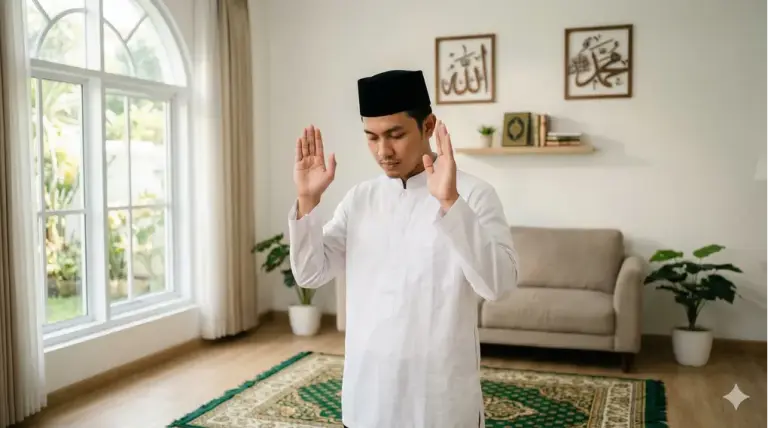 Home 1 A devout Southeast Asian Muslim man stands in a modern home, raising both hands to ear level in the Takbiratul Ihram position to begin his prayer (sholat). Wooden calligraphy of Allah and Muhammad are on the wall in the background.