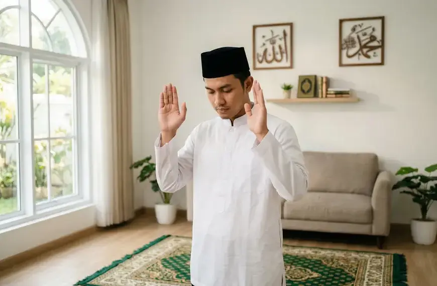 A devout Southeast Asian Muslim man stands in a modern home, raising both hands to ear level in the Takbiratul Ihram position to begin his prayer (sholat). Wooden calligraphy of Allah and Muhammad are on the wall in the background.