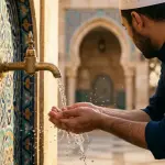 A Muslim cupping his hands to receive clear flowing wudu water with mosque architecture in the background.
