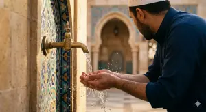 Shafi'i School of Jurisprudence: The Complete Guide to Islamic Law, Prayers, and Tasawuf 23 A Muslim cupping his hands to receive clear flowing wudu water with mosque architecture in the background.