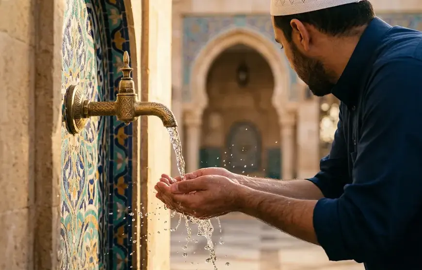 A Muslim cupping his hands to receive clear flowing wudu water with mosque architecture in the background.