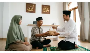 Shafi'i School of Jurisprudence: The Complete Guide to Islamic Law, Prayers, and Tasawuf 11 A devout Southeast Asian Muslim man in a white baju koko and black peci stands on a prayer mat in a modern home, deeply focused on handing a woven basket of rice (zakat fitrah/mal) to an elderly Southeast Asian Muslim man who receives it with a sincere smile, symbolizing the essence of shared zakat. The background features wood calligraphy of Allah and Muhammad on the wall in the golden hour light.