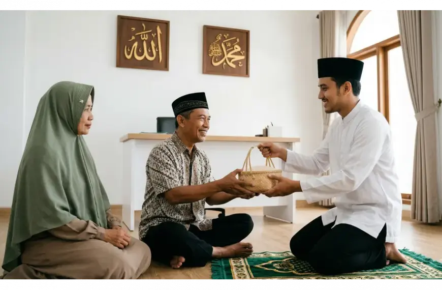 Home 11 A devout Southeast Asian Muslim man in a white baju koko and black peci stands on a prayer mat in a modern home, deeply focused on handing a woven basket of rice (zakat fitrah/mal) to an elderly Southeast Asian Muslim man who receives it with a sincere smile, symbolizing the essence of shared zakat. The background features wood calligraphy of Allah and Muhammad on the wall in the golden hour light.