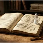 An elegant, high-resolution still-life photograph on a warm wooden desk, featuring an open classical Arabic fiqh manuscript and a small modern medical eye drop bottle next to it, with wooden tasbih (prayer beads) coiling. Dramatic side-lighting.