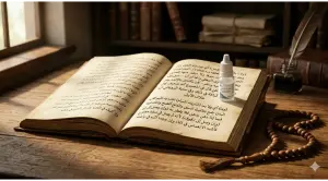 Home 15 An elegant, high-resolution still-life photograph on a warm wooden desk, featuring an open classical Arabic fiqh manuscript and a small modern medical eye drop bottle next to it, with wooden tasbih (prayer beads) coiling. Dramatic side-lighting.