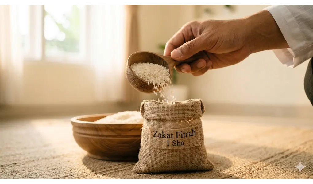 Aturan Prioritas Jika Uang Zakat Fitrah Terbatas dalam Keluarga 2 Tangan seorang pria menyendokkan beras putih yang kurang dari satu sha' ke dalam kantong zakat fitrah.
