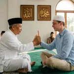 pillar of shahadah: A deeply moved convert (muallaf) cries as he is guided to recite the Shahada (declaration of faith) by an Ustadz in a clean, minimalist mosque. He raises his index finger in Shahada. Calligraphy of 'Allah' and 'Muhammad' are on the wall.