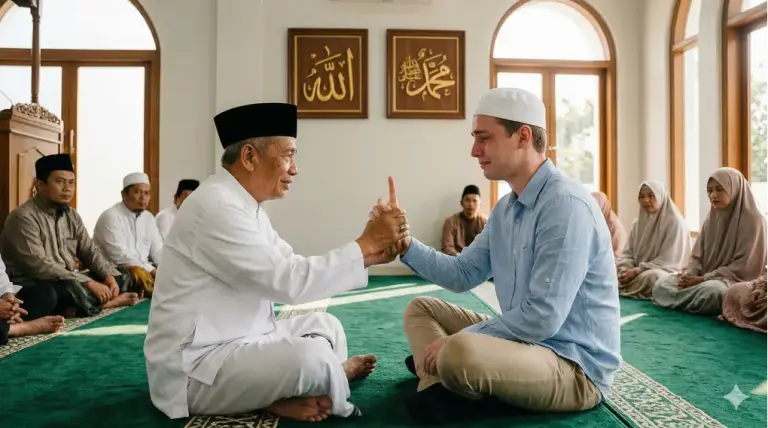 pillar of shahadah: A deeply moved convert (muallaf) cries as he is guided to recite the Shahada (declaration of faith) by an Ustadz in a clean, minimalist mosque. He raises his index finger in Shahada. Calligraphy of 'Allah' and 'Muhammad' are on the wall.