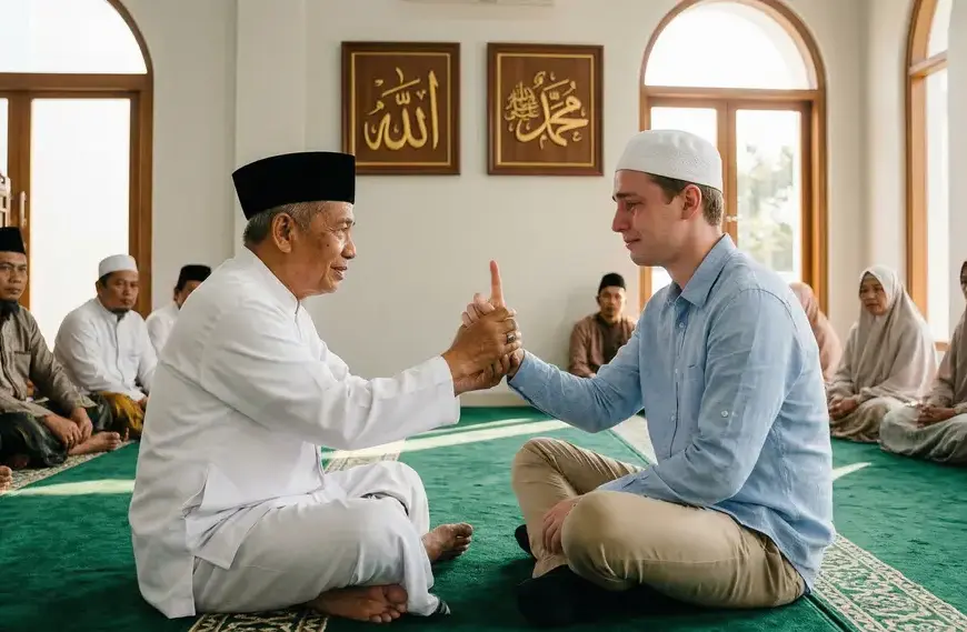Shafi'i School of Jurisprudence: The Complete Guide to Islamic Law, Prayers, and Tasawuf 35 pillar of shahadah: A deeply moved convert (muallaf) cries as he is guided to recite the Shahada (declaration of faith) by an Ustadz in a clean, minimalist mosque. He raises his index finger in Shahada. Calligraphy of 'Allah' and 'Muhammad' are on the wall.