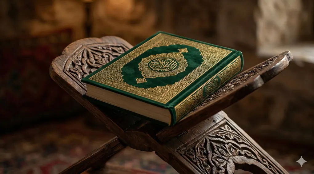 Larangan dan Hukum Orang Junub Menurut Madzhab Syafi'i: Panduan Fikih Keseharian 2 Mushaf Al-Qur'an dengan sampul elegan dalam keadaan tertutup, diletakkan di atas meja rehal kayu berukir dengan latar belakang cahaya yang hangat dan redup.