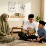 A Muslim family (Father, Mother in syar'i hijab, Son) sitting together in a bright living room learning about the Five Pillars of Islam from a book. Background features Allah and Muhammad calligraphy.