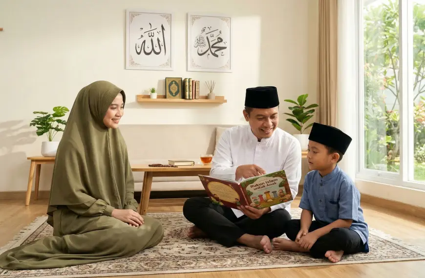 Home 7 A Muslim family (Father, Mother in syar'i hijab, Son) sitting together in a bright living room learning about the Five Pillars of Islam from a book. Background features Allah and Muhammad calligraphy.