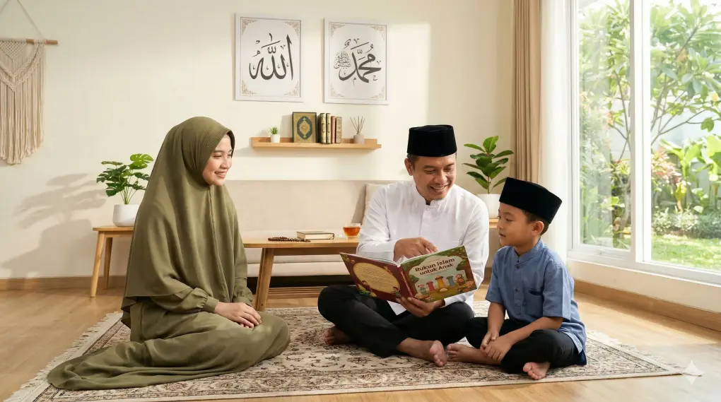 A Muslim family (Father, Mother in syar'i hijab, Son) sitting together in a bright living room learning about the Five Pillars of Islam from a book. Background features Allah and Muhammad calligraphy.