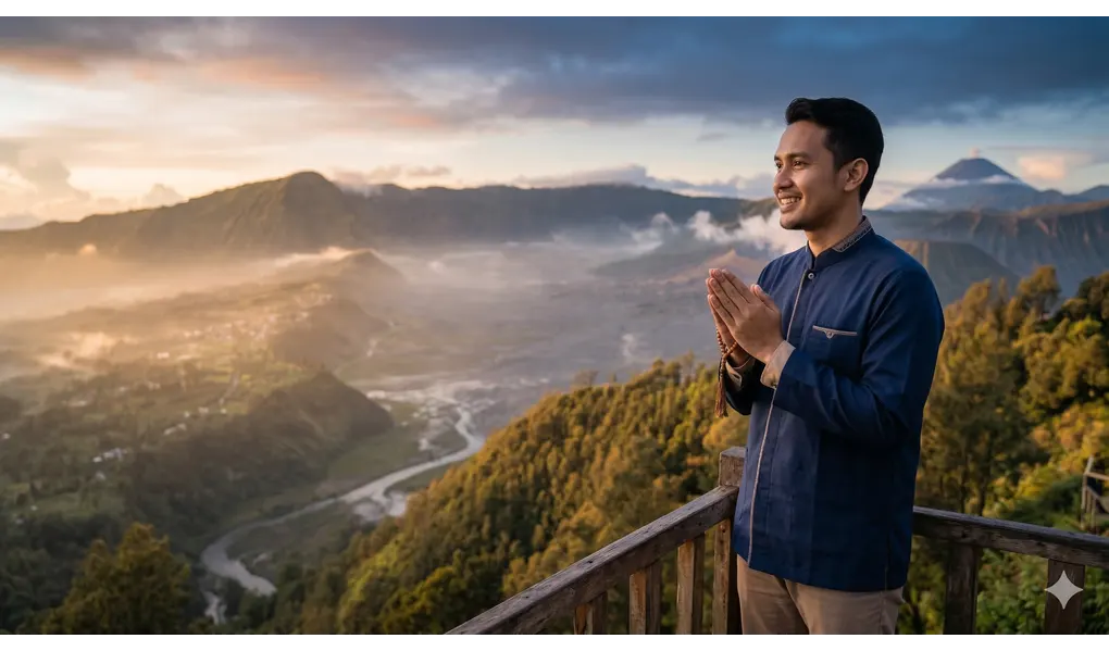 Authentic Dua for Evil Eye: The Prophet’s Guide to Spiritual Protection 3 Realistic photo of a Muslim man in a koko shirt and tasbih praying on a wooden platform overlooking Mount Bromo at sunrise