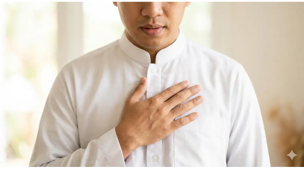 The Pillar of Shahadah: Is the Word "Ashhadu" Mandatory for a Valid Declaration? 2 Close-up of a Muslim man reciting Shahada with his right hand placed over his left chest (heart), mouth moving. Soft focus and bright lighting represent the sincerity of his monotheistic declaration.