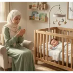 Illustration of a Muslim mother in a hijab praying in an armchair next to a sleeping baby in a bright crib