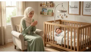 Home 3 Illustration of a Muslim mother in a hijab praying in an armchair next to a sleeping baby in a bright crib