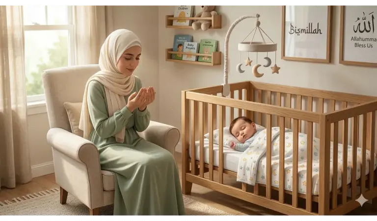 Shafi'i School of Jurisprudence: The Complete Guide to Islamic Law, Prayers, and Tasawuf 1 Illustration of a Muslim mother in a hijab praying in an armchair next to a sleeping baby in a bright crib