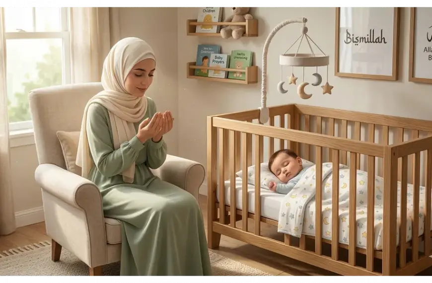 Illustration of a Muslim mother in a hijab praying in an armchair next to a sleeping baby in a bright crib