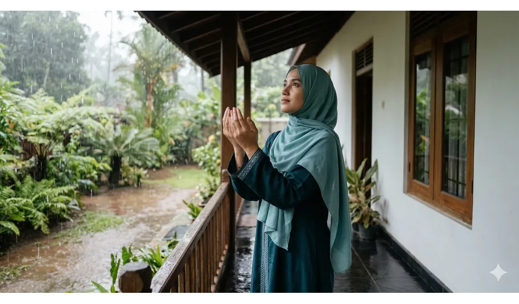 Complete Guide to the Dua for Rain: Islamic Supplications and Sunnah 2 A Muslim woman in a hijab praying with devotion on a terrace during rain.
