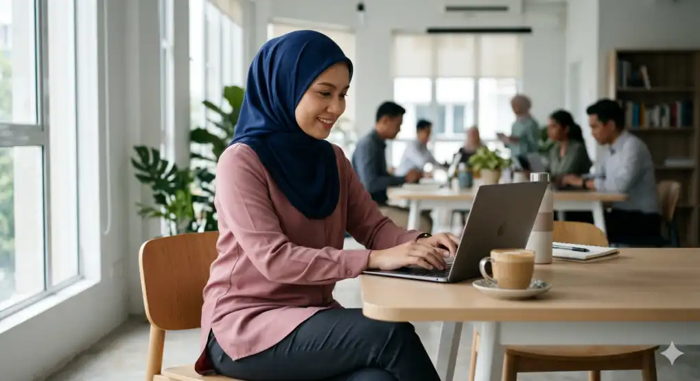 Wanita Muslimah berhijab rapi sedang bekerja dan mengetik di depan laptop.