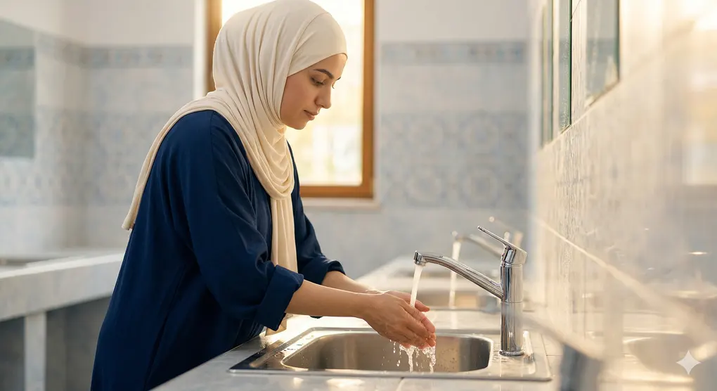 The Types of Thaharah in Islam: A Comprehensive Guide to Ritual Purification 4 A devout Muslimah wearing a modest hijab and abaya washing her hands under running tap water while performing wudu.