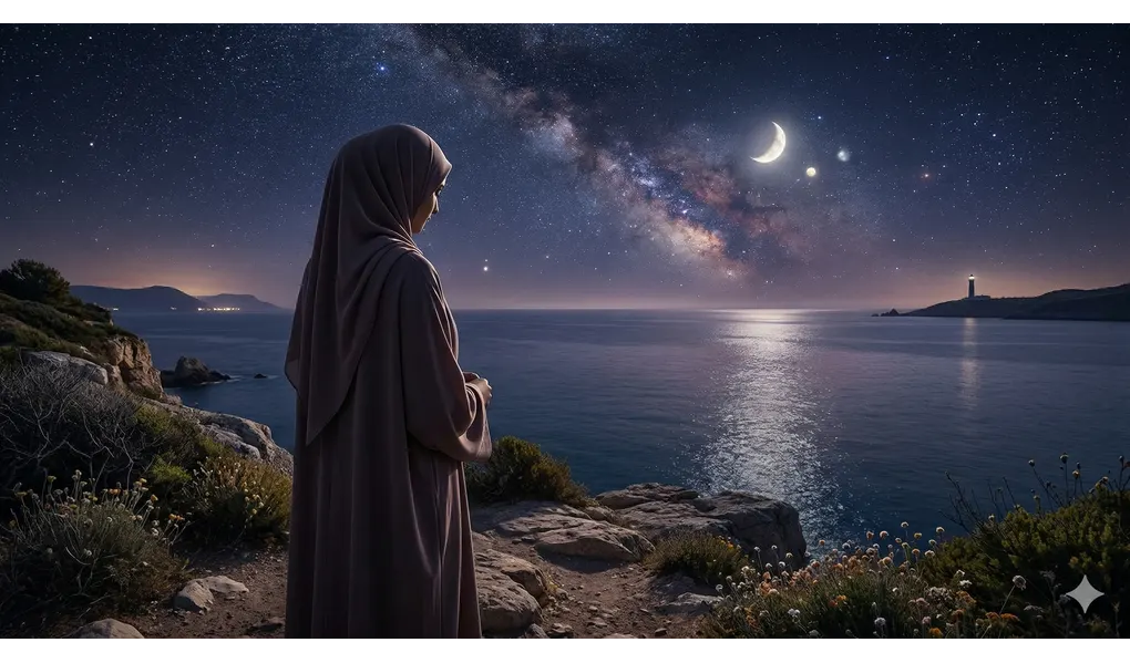 Belief in Allah: The Ultimate Foundation of the Six Pillars of Faith in Islam 3 Silhouette of a Muslimah in proper hijab reflecting on the universe, gazing at a starry night sky and ocean.
