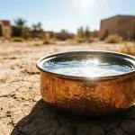 A weathered copper vessel filled with clear water, positioned on dry ground under intense, direct midday sunlight in an arid Middle Eastern landscape, demonstrating Musyammas water.