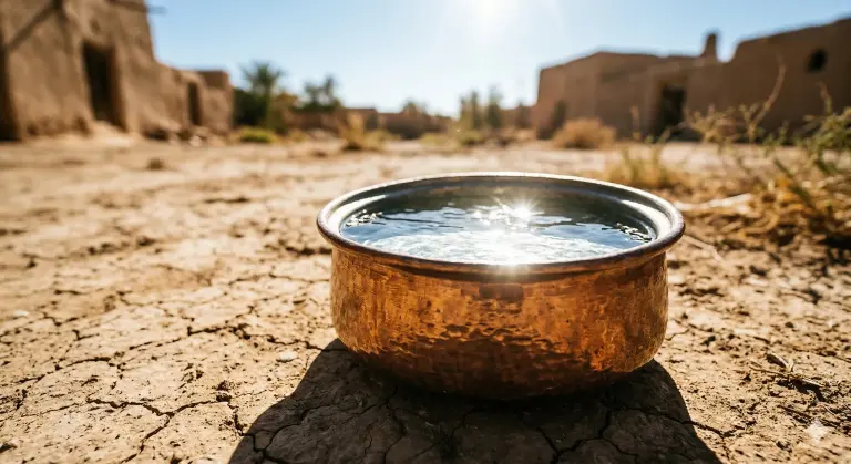 A weathered copper vessel filled with clear water, positioned on dry ground under intense, direct midday sunlight in an arid Middle Eastern landscape, demonstrating Musyammas water.