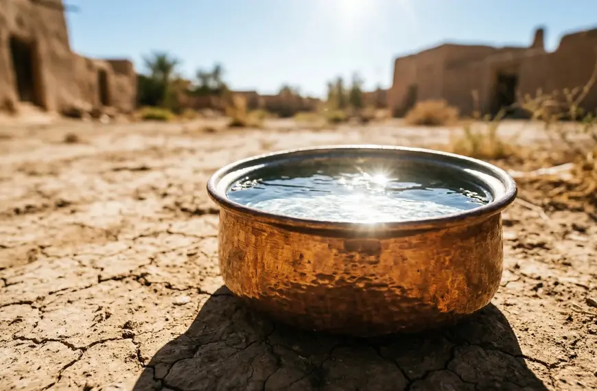 Home 11 A weathered copper vessel filled with clear water, positioned on dry ground under intense, direct midday sunlight in an arid Middle Eastern landscape, demonstrating Musyammas water.