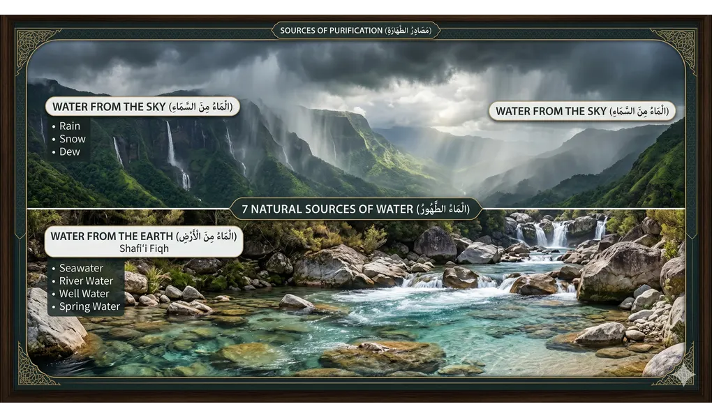 Understanding the Types of Water in Islam: A Complete Guide to Purification 2 Landscape collage showing rain over green mountains and a clear rocky river as natural sources of absolute water.