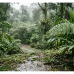 Raindrops falling on lush green leaves in a tropical forest.