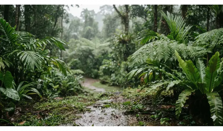 Raindrops falling on lush green leaves in a tropical forest.