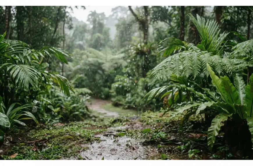 Shafi'i School of Jurisprudence: The Complete Guide to Islamic Law, Prayers, and Tasawuf 13 Raindrops falling on lush green leaves in a tropical forest.