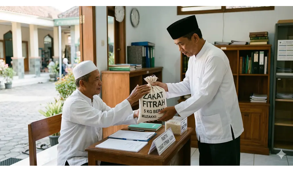 Panduan Lengkap Zakat Fitrah Sesuai Mazhab Syafi'i 3 Seorang pria menyerahkan kantong beras zakat fitrah kepada petugas amil zakat di masjid.