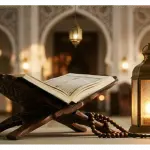 Understanding the Six Pillars of Faith in Islam: The Foundation of Belief An open Holy Quran on a wooden rehal with an Islamic lantern and prayer beads, symbolizing the light of faith in Islam.