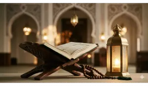 Shafi'i School of Jurisprudence: The Complete Guide to Islamic Law, Prayers, and Tasawuf 5 An open Holy Quran on a wooden rehal with an Islamic lantern and prayer beads, symbolizing the light of faith in Islam.