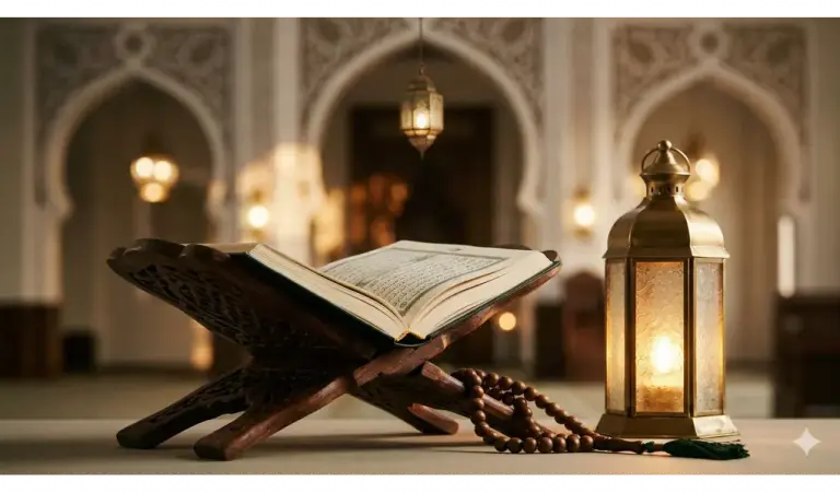 Shafi'i School of Jurisprudence: The Complete Guide to Islamic Law, Prayers, and Tasawuf 1 An open Holy Quran on a wooden rehal with an Islamic lantern and prayer beads, symbolizing the light of faith in Islam.