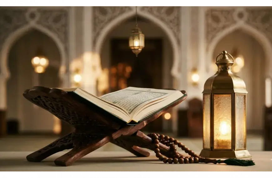 Shafi'i School of Jurisprudence: The Complete Guide to Islamic Law, Prayers, and Tasawuf 19 An open Holy Quran on a wooden rehal with an Islamic lantern and prayer beads, symbolizing the light of faith in Islam.