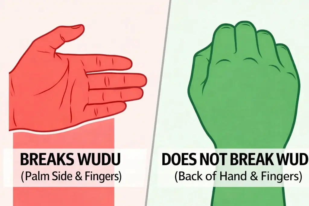 5 Things That Invalidate Wudu: A Comprehensive Shafi'i Guide 3 Illustration explaining that touching with the palm side of the hand breaks wudu while touching with the back of the hand does not.