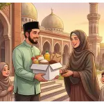 Petugas amil zakat memberikan bingkisan kepada sebuah keluarga Muslim yang tersenyum di depan masjid dengan lengkungan Islami klasik.