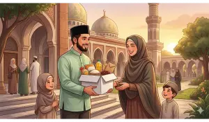 Home 3 An amil zakat officer giving a gift box to a smiling Muslim family in front of a classical Islamic mosque.