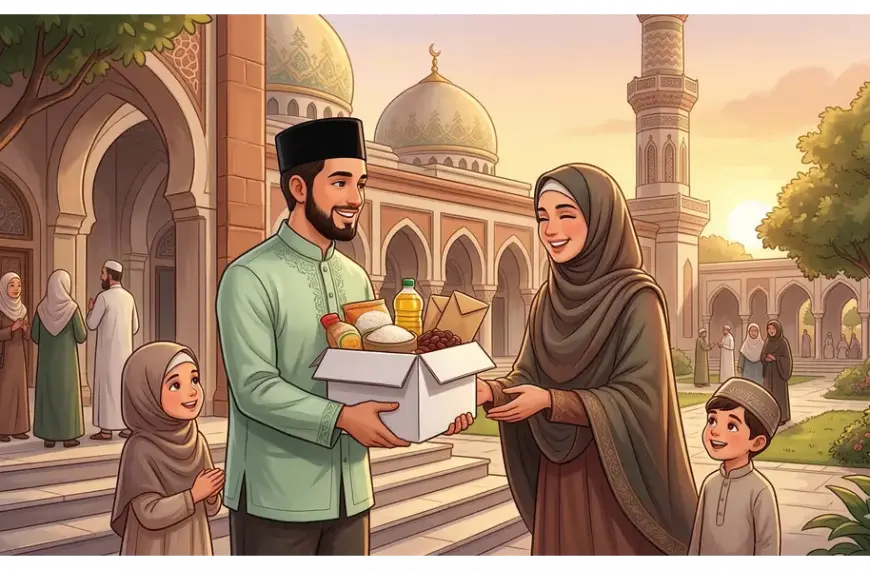An amil zakat officer giving a gift box to a smiling Muslim family in front of a classical Islamic mosque.