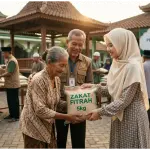 Seorang Muslimah berpakaian rapi dengan hijab menutup aurat menyerahkan beras zakat fitrah kepada lansia dan amil zakat sambil tersenyum hangat.