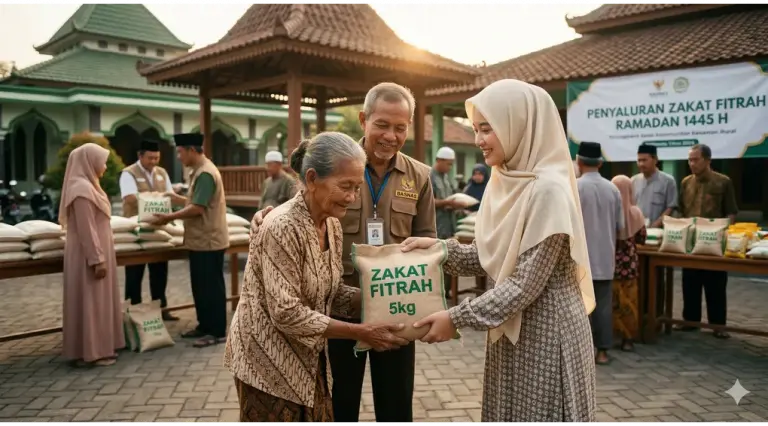 Home 7 Seorang Muslimah berpakaian rapi dengan hijab menutup aurat menyerahkan beras zakat fitrah kepada lansia dan amil zakat sambil tersenyum hangat.