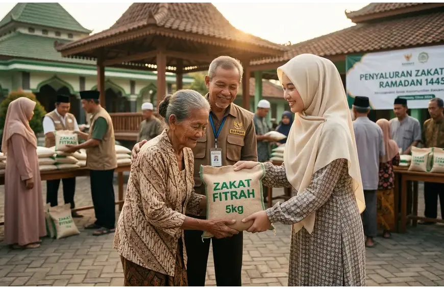 Seorang Muslimah berpakaian rapi dengan hijab menutup aurat menyerahkan beras zakat fitrah kepada lansia dan amil zakat sambil tersenyum hangat.